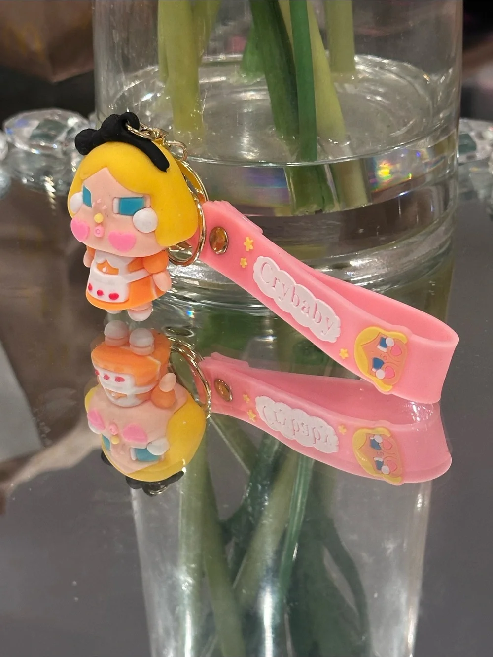 Crybaby Pink Kawaii Crying Girl PVC Keychain Wristlet Bag Charm Gold Tone NEW